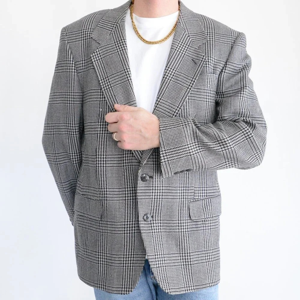 Vintage Moores Grey & Black Houndstooth 100% Wool  Double Button Blazer - Sz 42